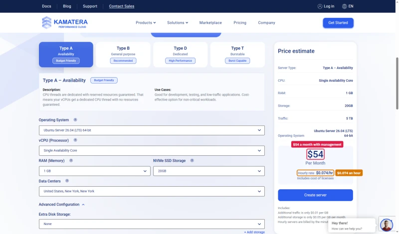 Kamatera calculator, Type A 1 GB 20 GB with Managed service ticked: $54 a month, $0.074 an hour