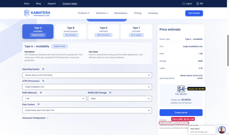 Kamatera calculator, Type A, 1 GB, 20 GB, New York: $4 a month, hourly rate $0.005, extra traffic $0.01 a GB