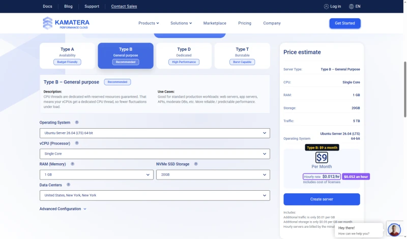 Kamatera calculator, Type B single core, 1 GB, 20 GB: $9 a month, $0.012 an hour