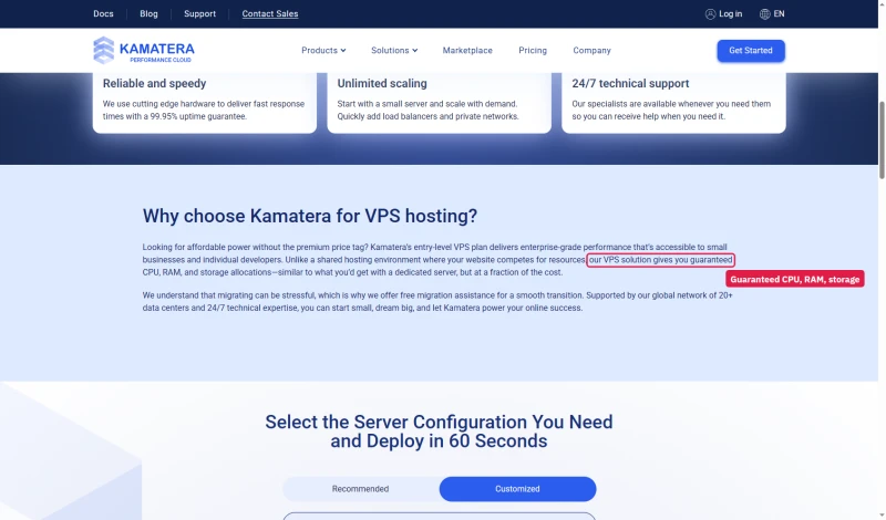 Kamatera VPS hosting page: our VPS solution gives you guaranteed CPU, RAM, and storage allocations