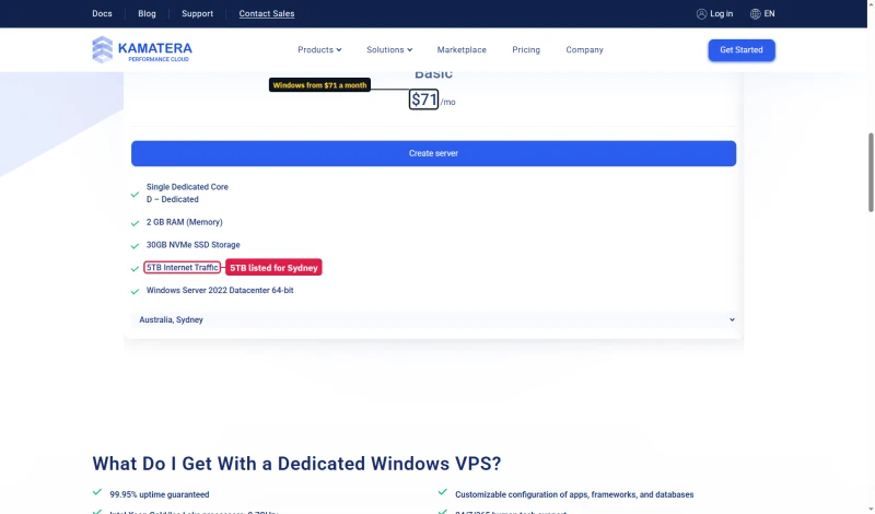 Kamatera dedicated Windows VPS Basic card: $71 a month, single dedicated core, 2 GB RAM, 30 GB NVMe, 5 TB for Sydney