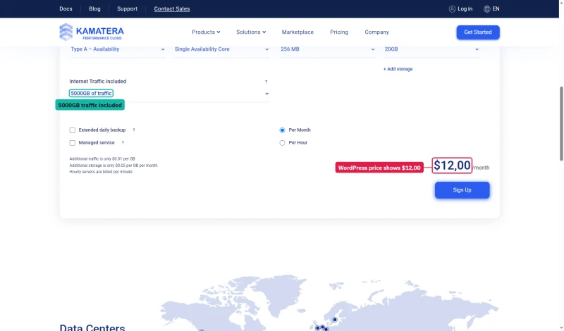 Kamatera WordPress page calculator: Type A, 256 MB, 20 GB, 5000GB of traffic, price shown as $12,00 a month