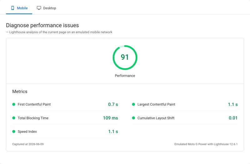 Kamatera VPS PageSpeed Insights scores, Cloud Server 8GB plan (our test)