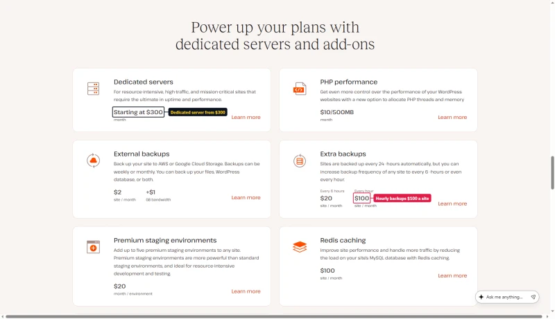 Kinsta add-ons: dedicated servers from $300, PHP $10 per 500MB, external backups $2, hourly backups $100, Redis $100