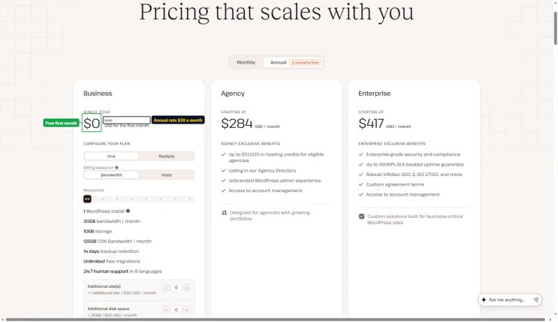 Kinsta pricing page on Annual: Single 20GB at $0 for the first month, annual rate $30 a month