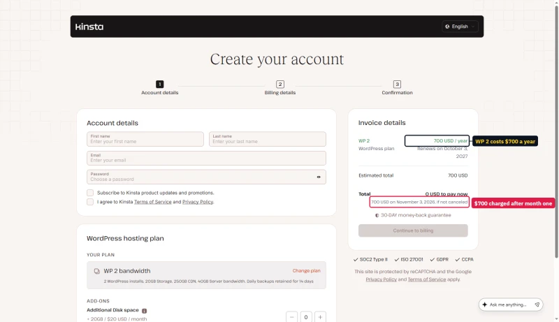 Kinsta cart for WP 2 on annual billing: 700 USD a year, 0 USD to pay now, the year charged after the first month