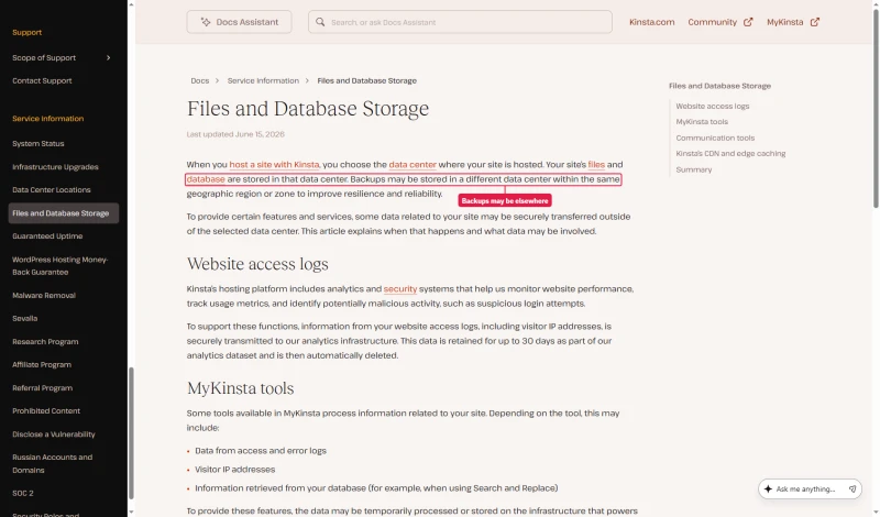 Kinsta files and database storage doc: backups may be stored in a different data center in the same region