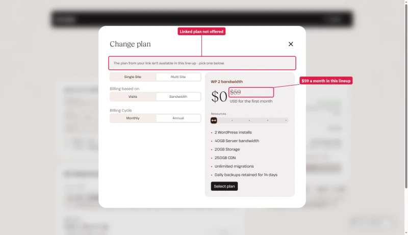 Kinsta cart Change plan box: the plan from your link isn't available in this line-up, WP 2 offered instead