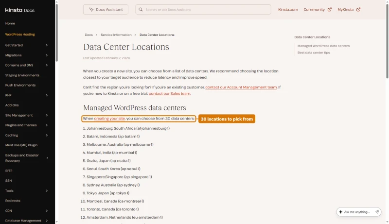 Kinsta Data Center Locations doc: choose from 30 data centers, listed by OCI region, Johannesburg first