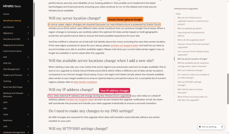 Kinsta upgrade FAQ: new infrastructure powered by Oracle Cloud (OCI), previous Google Cloud setup, IP address will change