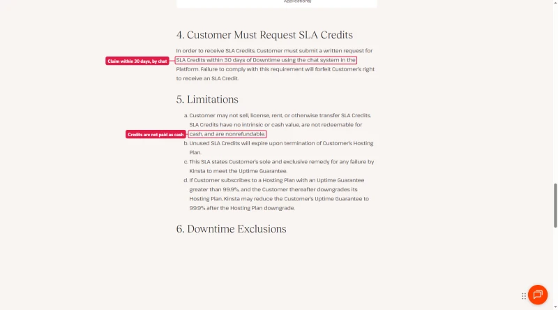 Kinsta SLA: request credits in writing within 30 days using the chat; credits have no cash value