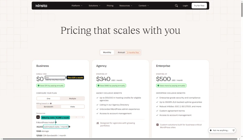 Kinsta pricing hero on the Visits switch: Single 35k, $0 first month then $35 a month, 35,000 estimated visits