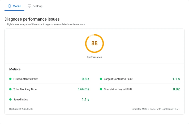 Kinsta managed WordPress PageSpeed Insights scores, Starter plan (our test)