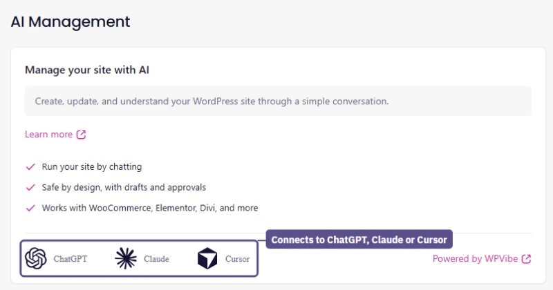 Levamo AI Management tab: manage the site from ChatGPT, Claude or Cursor, powered by WPVibe