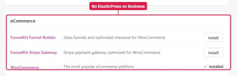 Levamo Business Recommended plugins, eCommerce group: FunnelKit and WooCommerce, no ElasticPress