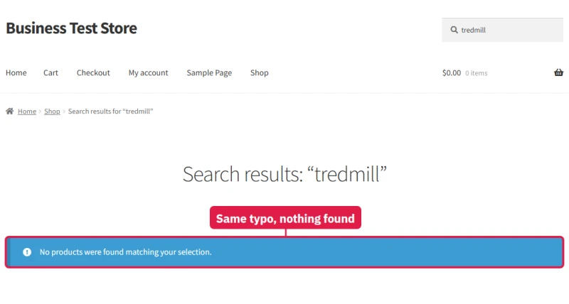 WooCommerce search for the typo tredmill on Levamo Business with plain WordPress search: no products found