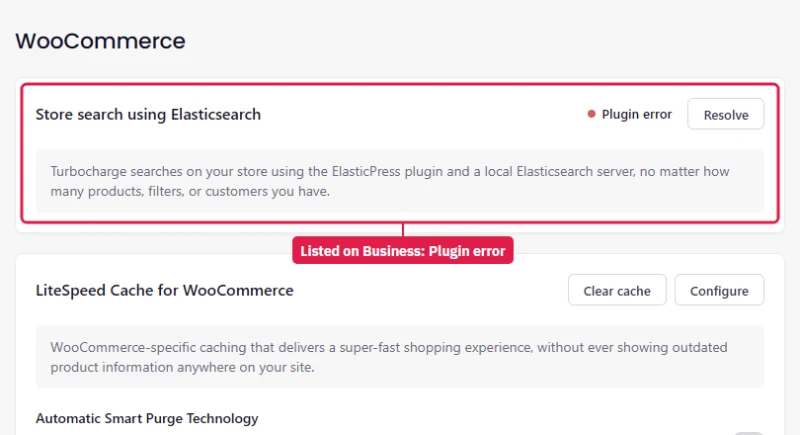 Levamo Business WooCommerce page lists Store search using Elasticsearch with a Plugin error