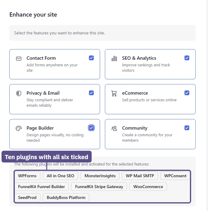 Levamo Enhance your site step with all six features ticked installs ten plugins