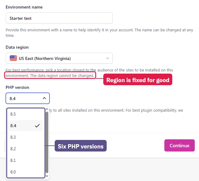 Levamo create-environment step: US East region that cannot be changed later, PHP 8.0 to 8.5 with 8.4 selected