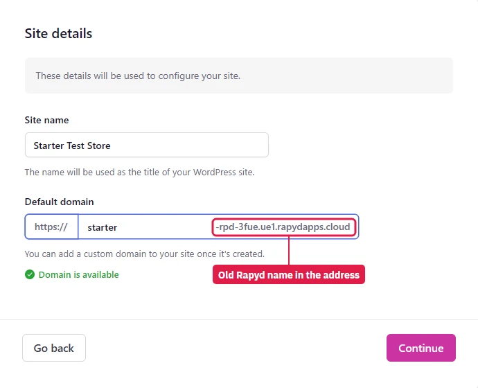 Levamo site details step: the default domain ends in rapydapps.cloud, the old Rapyd Cloud brand