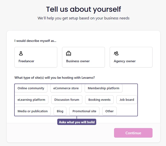 Levamo onboarding after checkout asks your role and what kind of site you will host