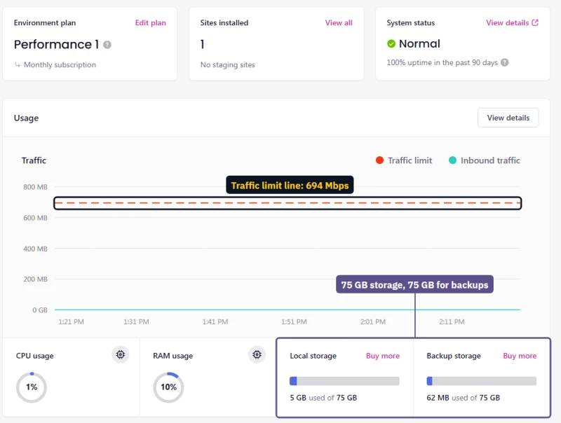 Levamo Performance environment overview: 694 Mbps traffic limit line, 75 GB storage and 75 GB for backups
