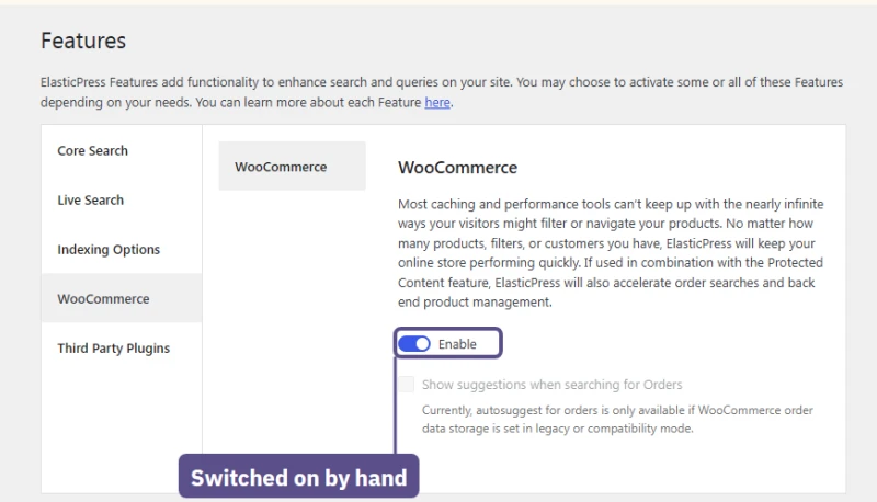 ElasticPress Features on Levamo Performance: the WooCommerce feature switched on