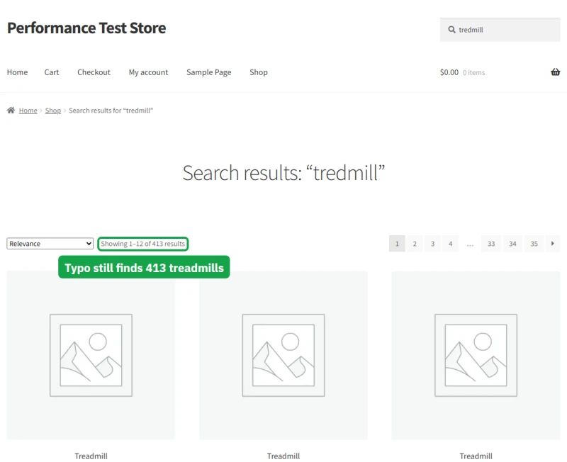 WooCommerce search for the typo tredmill on Levamo Performance with Elasticsearch: 413 treadmills found