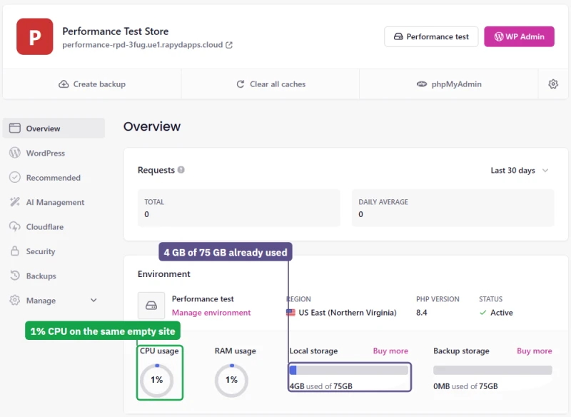 New empty Levamo Performance site: 1% CPU at rest and 4 GB of its 75 GB storage used