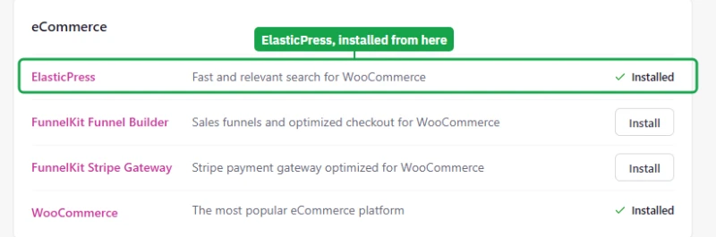 Levamo Performance Recommended plugins, eCommerce group, with ElasticPress installed