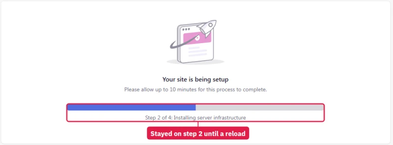 Levamo site setup page stuck on Step 2 of 4, Installing server infrastructure