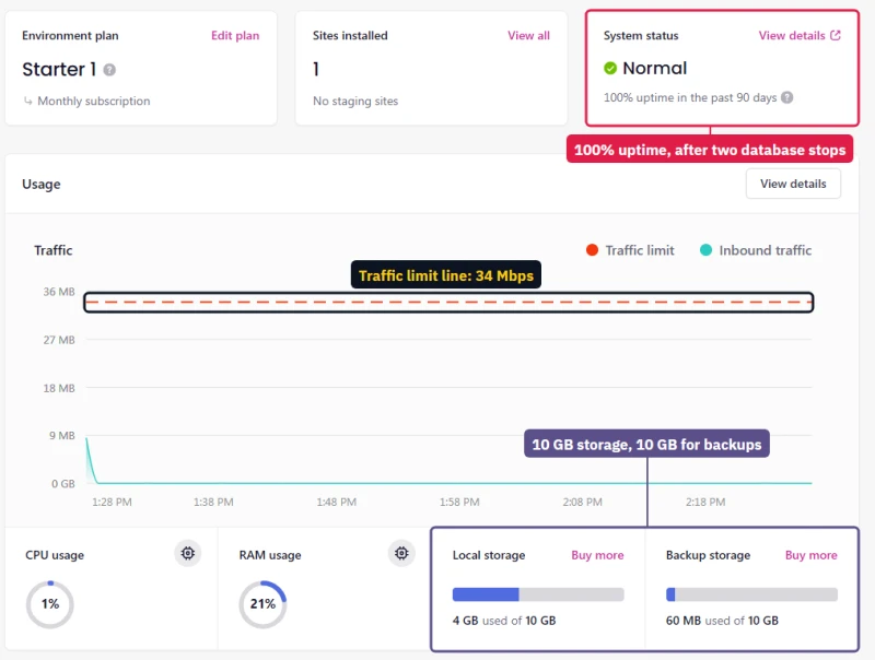 Levamo Starter environment overview: 100% uptime, a 34 Mbps traffic limit line, 10 GB storage and 10 GB for backups