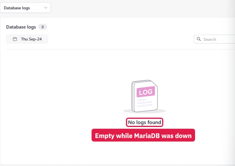 Levamo Starter Database logs page showing No logs found while MariaDB was down