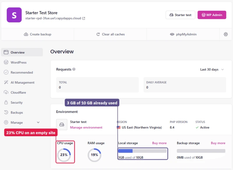 New empty Levamo Starter site: 23% CPU at rest and 3 GB of its 10 GB storage used
