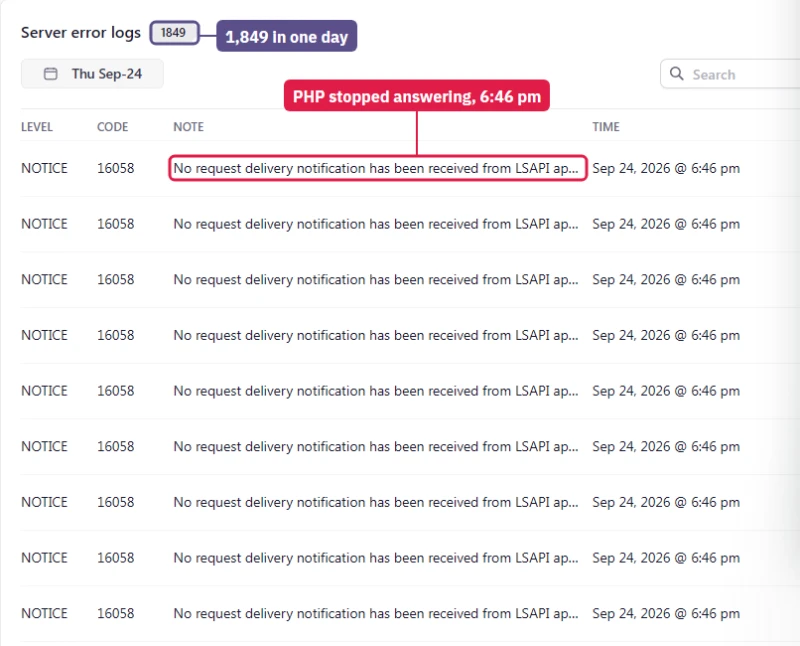 Levamo Starter server error log: 1,849 entries of LiteSpeed LSAPI notices at 6:46 pm