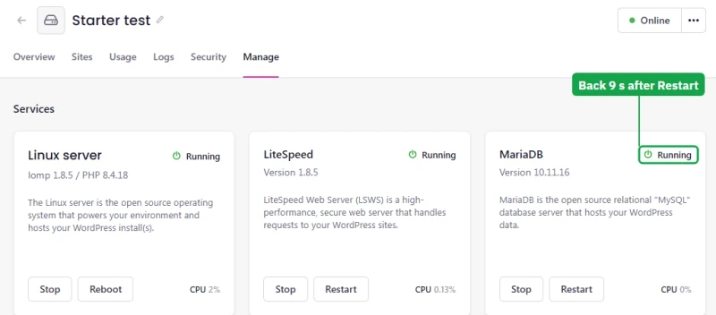 Levamo Starter services after the restart: MariaDB 10.11.16 Running again, LiteSpeed and Linux server Running