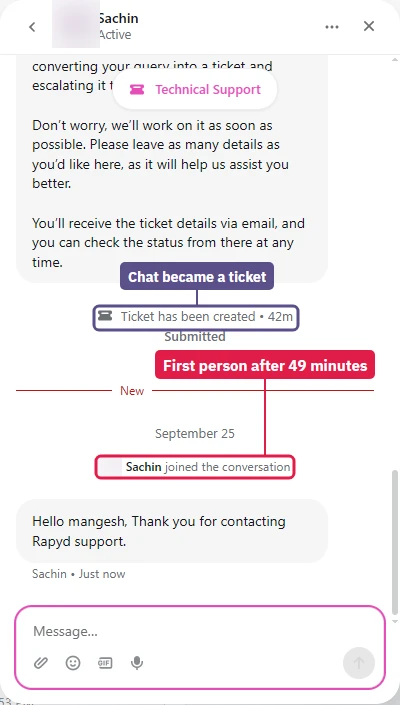 Levamo support chat: the chat became a ticket, and the first person joined 49 minutes after it opened