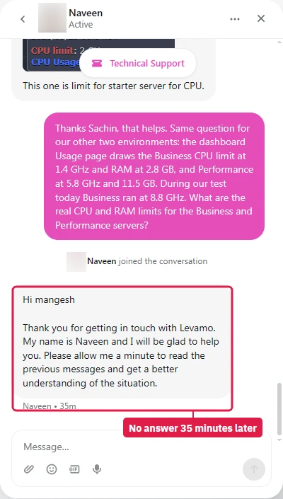 A second Levamo agent joins the chat about the plan limits and has not answered 35 minutes later