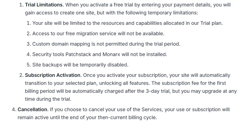 Levamo Terms of Service trial limitations: one site, no migration, no custom domain, no backups