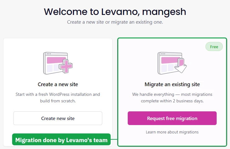 Levamo welcome screen: create a new site, or request a migration done by Levamo's team