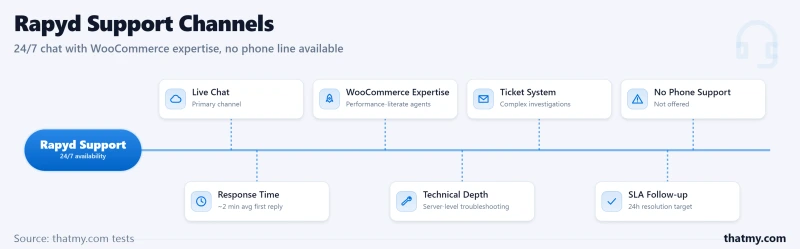 Mind map of Rapyd support channels: a primary 24/7 live chat with ~2 min response time, a ticket system, and WooCommerce