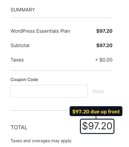 Liquid Web checkout summary: WordPress Essentials Plan $97.20, taxes $0.00, total $97.20