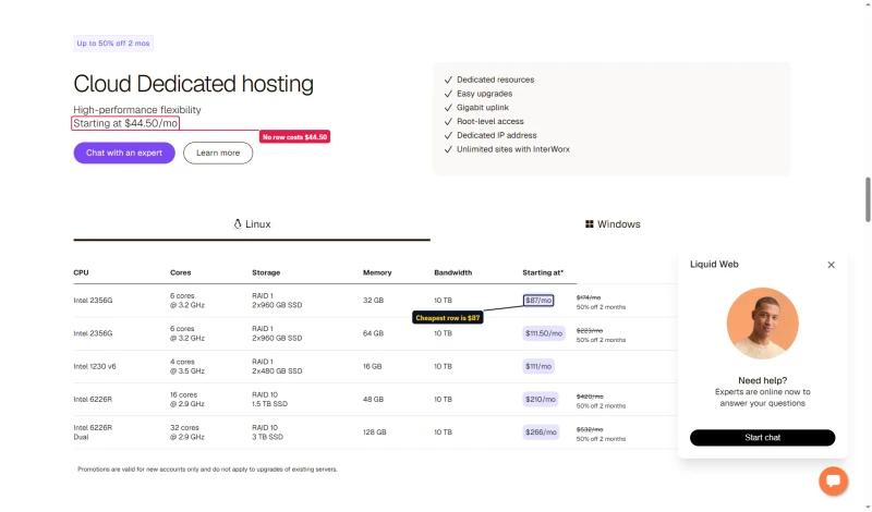 Liquid Web Cloud Dedicated table: Starting at $44.50/mo heading, cheapest row $87 a month