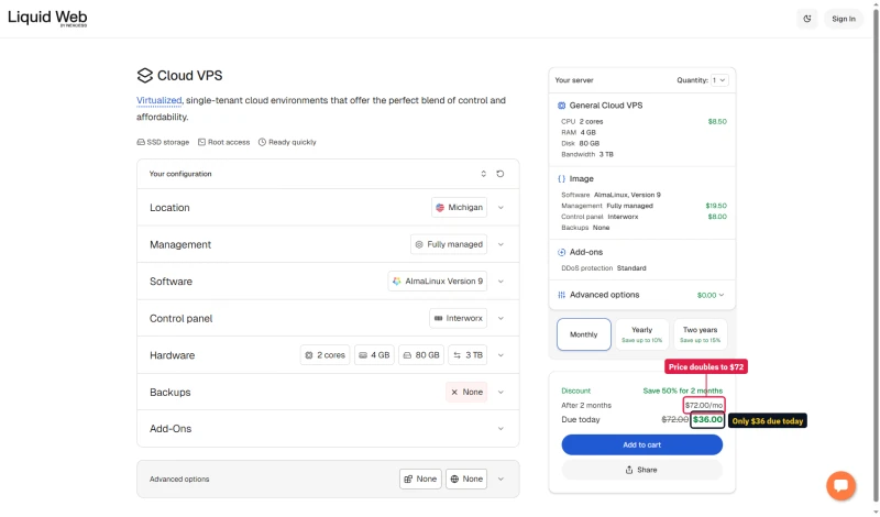 Liquid Web configurator: server $8.50, fully managed $19.50, InterWorx $8.00, $36 due today, $72 a month after 2 months