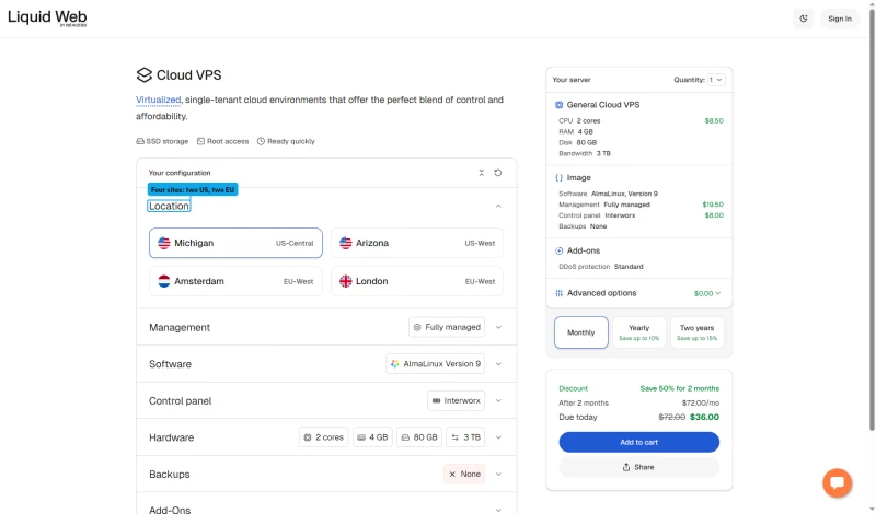 Liquid Web Cloud VPS configurator location step: Michigan US-Central, Arizona US-West, Amsterdam and London EU-West