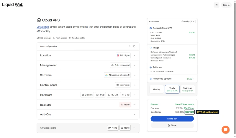 Liquid Web configurator on yearly billing: save 10%, first year $64.80 a month, $777.60 due today