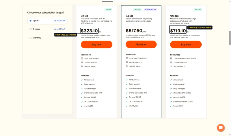 Liquid Web dedicated packages on 1 year: 32GB $323.10, 64GB $517.50, 128GB $719.10 a month, with yearly renewals