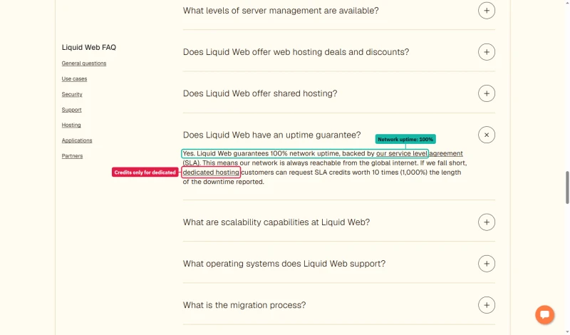 Liquid Web FAQ: 100% network uptime; dedicated hosting customers can request SLA credits worth 10 times the downtime