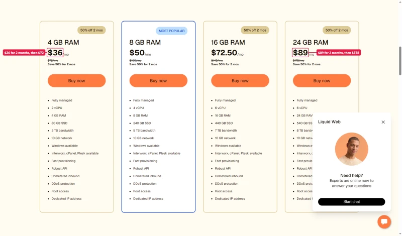 Liquid Web managed VPS cards: 4GB $36 from $72, 8GB $50 from $100, 16GB $72.50 from $145, 24GB $89 from $178