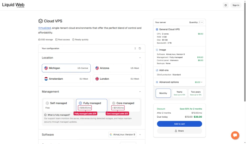 Liquid Web configurator management step: self managed free, core managed +$21 a month, fully managed +$39 a month